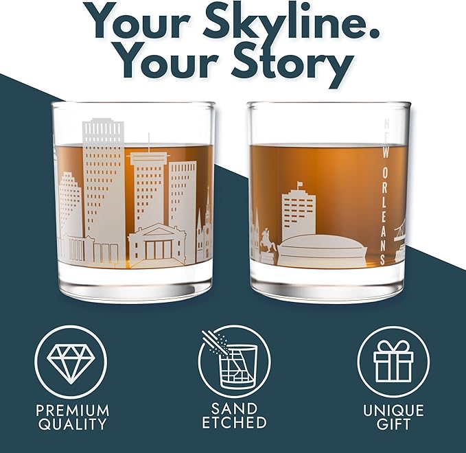 Greenline Goods – New Orleans, LA Skyline Whiskey Glasses (Set of 2), 10 oz – Rocks/Old Fashioned Tumblers
