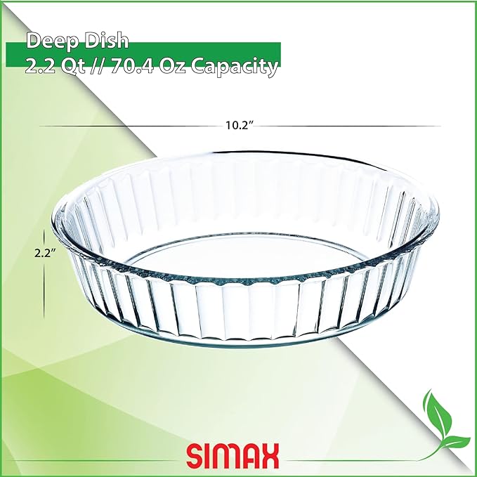 SIMAX Glass Pie Pan for Baking, 10.25 Inch Deep Round Pie Plate Dish Great For Apple, Pumpkin, Holiday Pies, Fluted Pie Holder, Oven Safe Tray, Borosilicate Glass Cake Tin