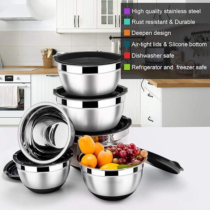 LIANYU Stainless Steel Nesting Mixing Bowls Set of 6 with Airtight Lids, Size 7, 3.5, 2.5, 2, 1.5, 1QT, Large Metal Bowls for Baking Cooking Food Storage, Non-slip Bottom, Black