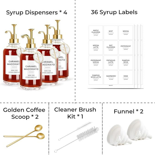 Coffee Syrup Dispenser for Coffee Bar, Set of 4 Simple Glass Syrup Bottle w. Labels and Coffee Scoop, 16.9 oz 500ml Coffee Syrup Pump Dispenser, Coffee Bar Accessory Syrup Dispenser w. Golden Pump