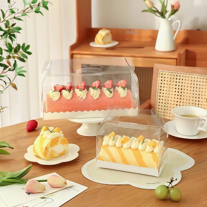 20 Pcs 11 Inch Clear Roll Cake Gable Boxes with Handle & Cake Boards, Transparent Plastic Gift Boxes，Easy Carrying Pastry Containers for Bakery Christmas Wedding, Size: 11” x 4.3” x 4”