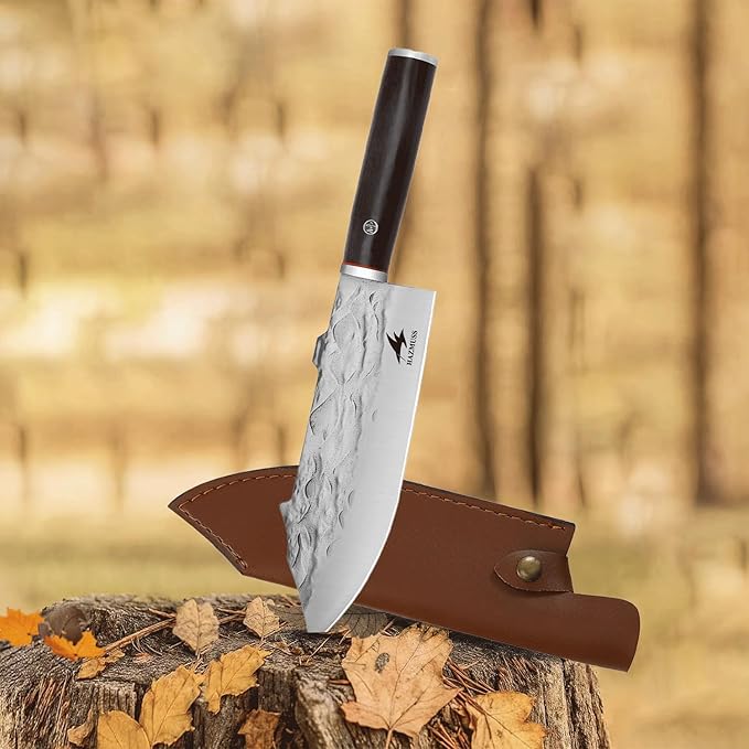 Professional Forged Butcher Knife, Sharp 8-inch High Carbon Stainless Steel Blade for Meat-Cleavers, Ash Wood Handle, with Leather Sheath Great for Home, Camping, BBQ