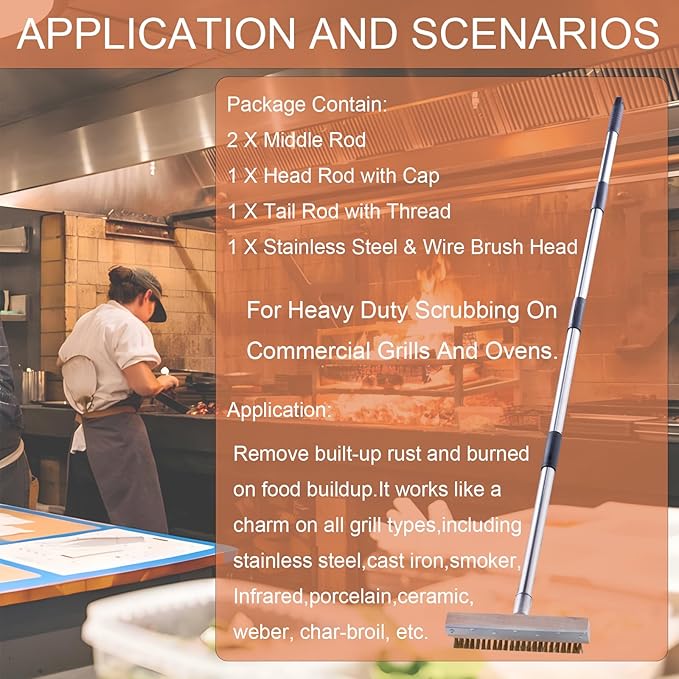 Aluminum Pizza Oven Brush, Grill Brush, Wire Brushes, with Scraper and 4 Sections of Detachable Long Rod Design for Commercial Cleaning, Kitchens, Restaurants, BBQ Shelf Or Any Grill
