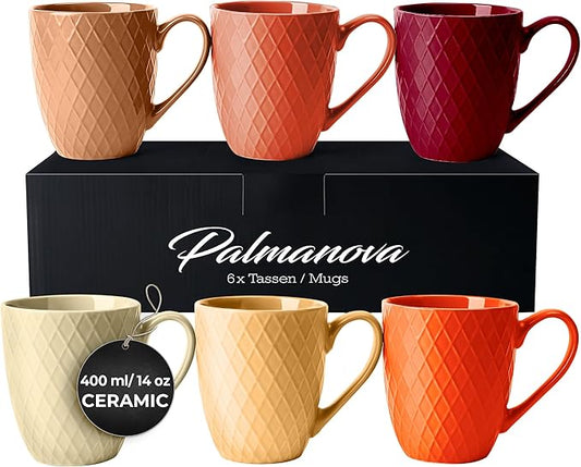 MIAMIO - Coffee Mugs set of 6 / Coffee Cups - 6 x 14 Oz Ceramic Mugs - Large Coffee Mugs - Microwave & Dishwasher safe - Palmanova Collection (Red)