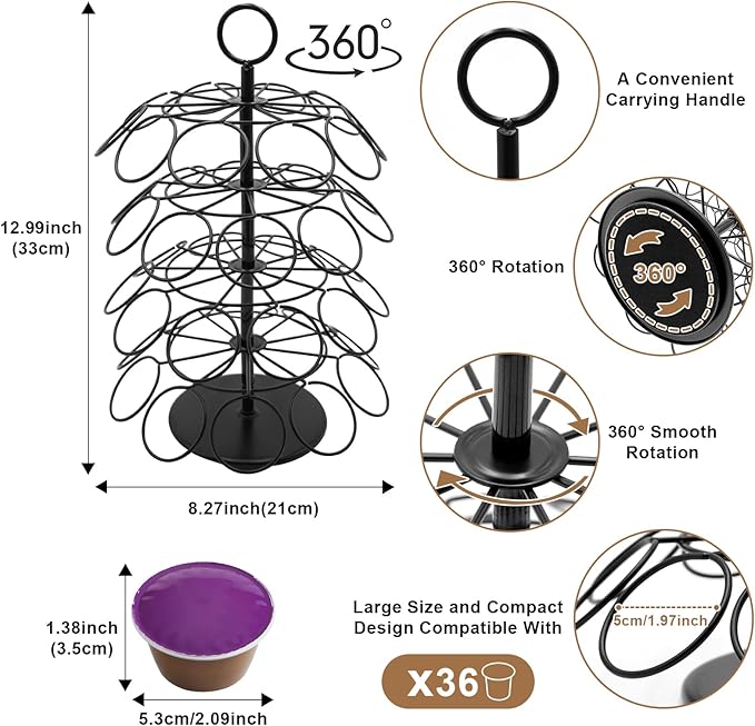 Coffee Pods Holder, 40 Coffee Pods Storage Organizer Compatible with K Cups Spins 360° Pod Stand