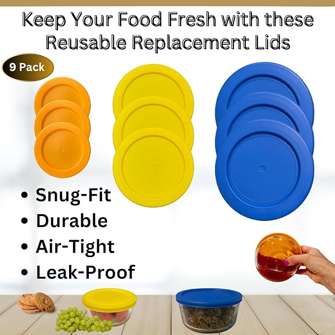 2, 4 & 7 Cup Orange, Yellow, Blue Replacement Lids/Covers for Pyrex, Anchor Hocking & KlareWare Storage Bowls *Lids Only Glass Container Not Included* (9 Pack *Three of Each Size*)