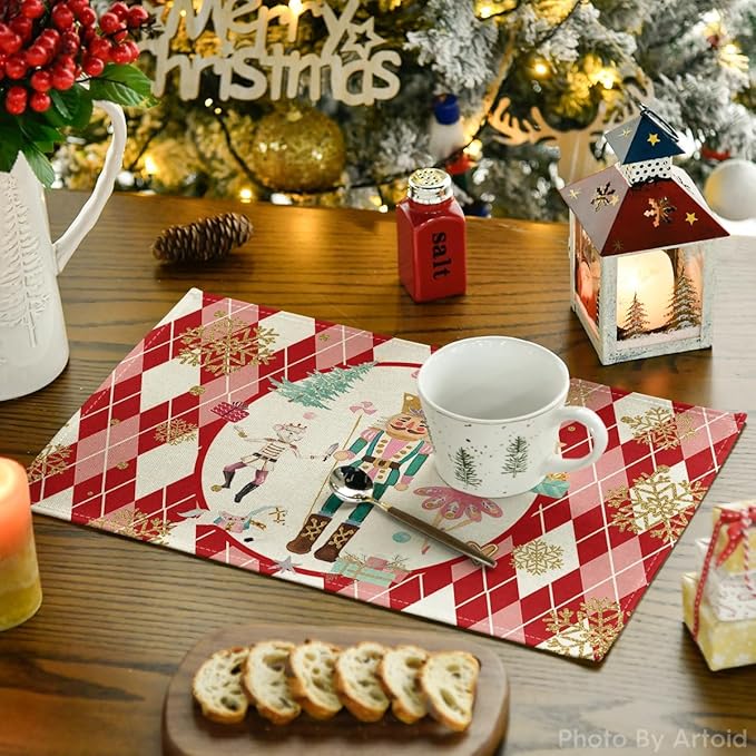 Red Diamond Plaid Nutcracker Snowflake Christmas Placemats Set of 4, 12x18 Inch