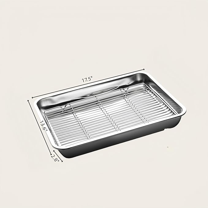 Roasting Pan Heavy Duty Stainless steel Turkey Pans for Oven,Toaster Oven Tray Pans with cooling rack,Hotel Pan, Barbeque Grill Pan,Deep Edge,Mirror treatment, Dishwasher Safe (17.5"x13.6"x2.8")