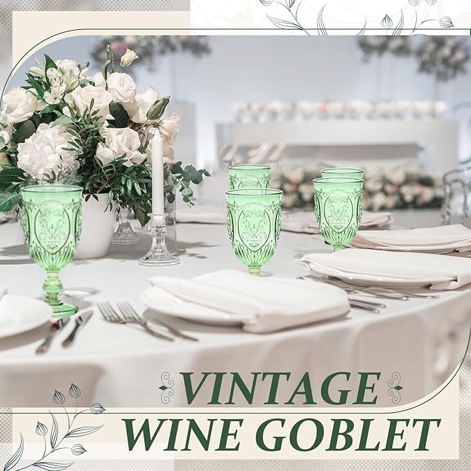 24 Pcs Plastic Goblets 7.5oz Vintage Goblet Plastic Wine Glasses Colored Retro Embossed Water Goblets for Wine Bar Juice Baby Shower Wedding Reception Grand Event Party (Green)