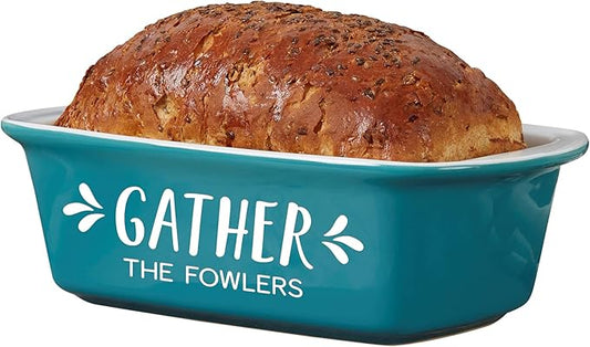 Personalization UniversePersonalized Gather & Gobble Ceramic Loaf Pan, Hand-Glazed Stoneware Baking Dish for Homemade Bread, Meatloaf, 1.5 Quart Capacity, Oven Safe - Turquoise