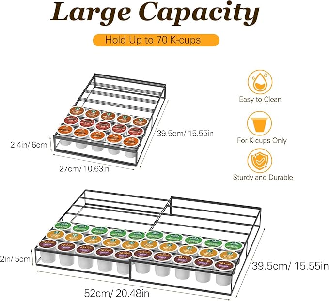 Coffee Pod Holder Drawer, Expandable K Cup Holder Compatible with Keurig K-Cup, K Cup Drawer Organizer Hold 35-70 Coffee Pod Storage for Coffee Station Office and Kitchen, Black