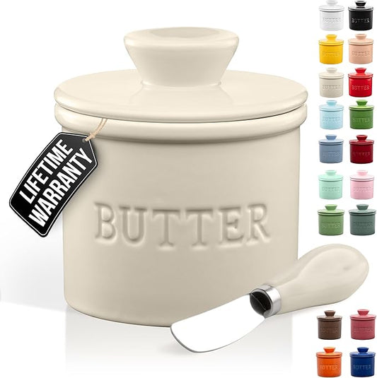 Zulay Kitchen Porcelain Butter Crock With Lid & Knife - Authentic French Butter Dish For Fresh & Spreadable Butter - Ivory