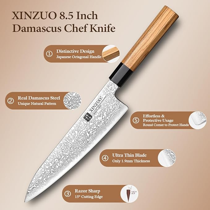 XINZUO 5 Pieces Kitchen Knife Set without Block, Hand Forged 67 Layers Damascus Steel Professional Chef Knife Set,Ultra Sharp,Olive Wood Octagonal Handle