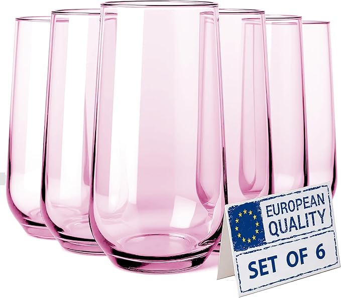 Pink Drinking Glasses Set of 6 | 16 oz Pink Glass Cups for Cocktails, Barware, Juice, Ice Tea, Water, Tumblers & Highball | Elegant Drinkware for Parties and Everyday Use