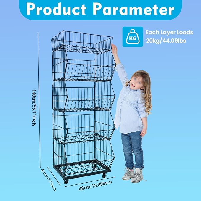 Retail Display Rack 5-Tier Market Merchandise Display Shelf Fruit Storage Shelf Vegetable Snack Basket Retail Store Supplies with Wheels for Home Store Market (18" D X 19" W X 55" H- Black)