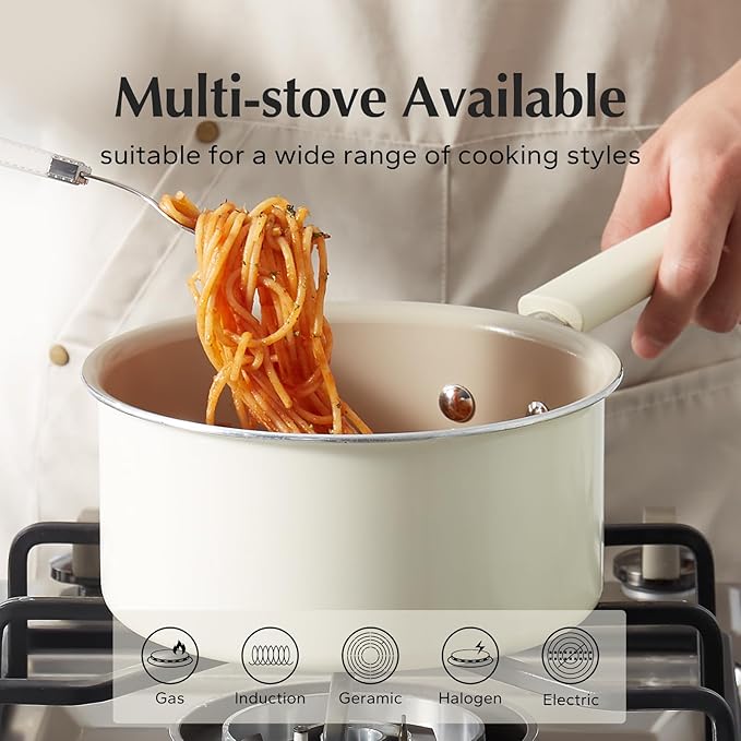 Redchef Ceramic Nonstick Saucepan with Lid, 2.5QT Small Cooking Pot, Non Toxic Sauce Pans for Kitchen, Cool Handle PFAS Free Compatible with All Cooktops, White