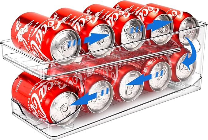 Rolling Soda Can Organizer for Refrigerator Can Dispenser for Beer Soda Seltzer Pop Can Soda Organizer for 10 Standard Size 11.15oz or 12oz Cans Holder Storage Pantry Organization