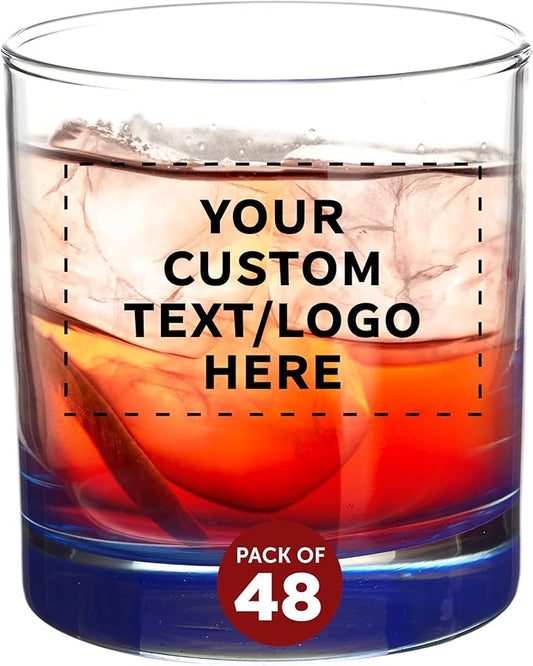 Custom Lexington Rocks Whiskey Glass 10.5 oz, Set of 48, Personalized Bulk Pack - Perfect for Scotch, Bourbon, Whiskey, Cocktail - Blue