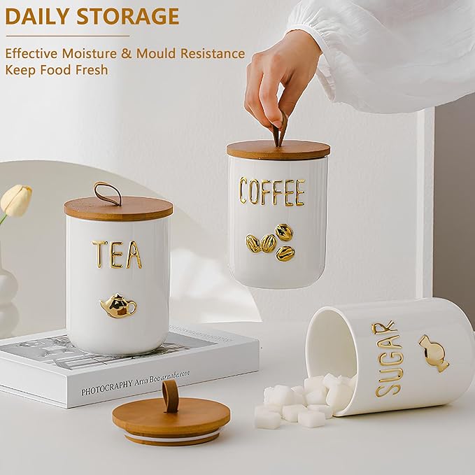 Comeon Ceramic Canister Set with Airtight Seal Bamboo Lid Silicone, 27oz Food Storage Jars for Coffee Sugar Tea, Container Set for Kitchen Pantry Counter Decor (Sugar)