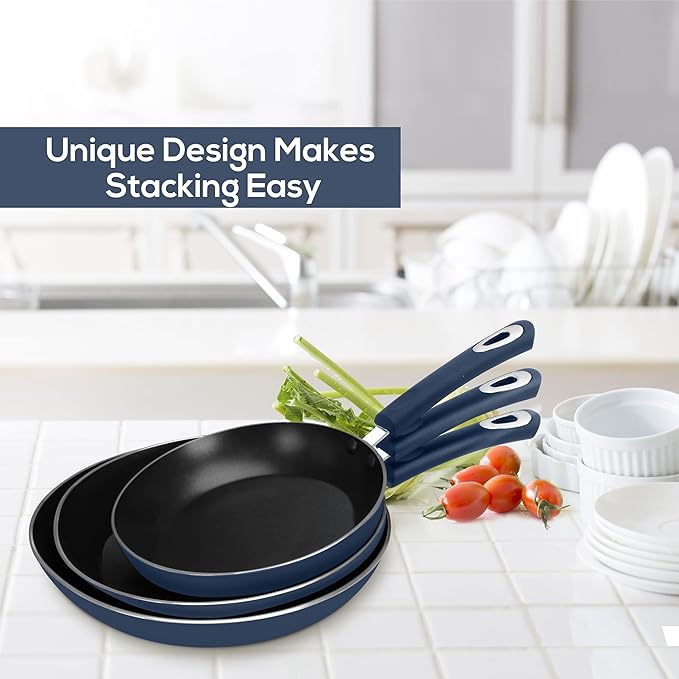 Utopia Kitchen Nonstick Cookware 3 Piece Set, Non-Stick Frying Pans with Induction Bottom, 8, 9.5 & 11 Inches Frying Pans with Bakelite Handles, PFOA Free, Midnight Blue & Black