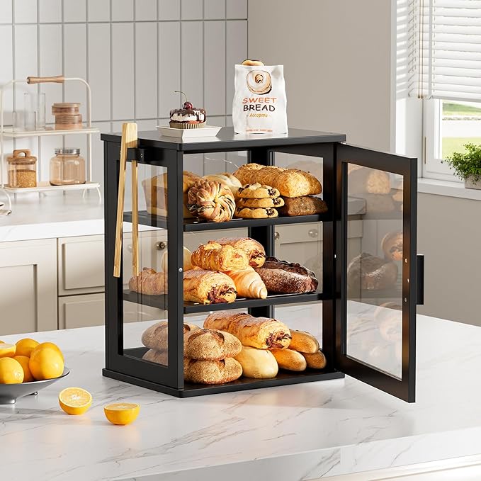 WOWLIVE Black Bread Box for Kitchen Countertop, Large 3 Layers Bread Storage Container for Homemade Bread with Window, Farmhouse Breadbox Organizer for Kitchen, Cabinet, Pantry (Black, Meduim)