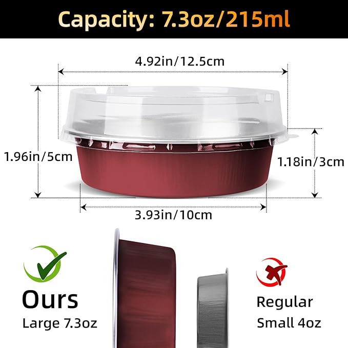Beasea Disposable Mini Pie Tins with Lids, 120 Pack 4” 7.3oz 215ml Small Round Aluminum Baking Tart Foil Container for Individual Dessert Cupcake Cheesecake Ramekin Quiche Oven Dishes - Wine Red
