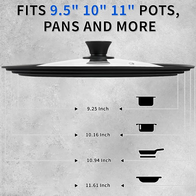 BEATURE Universal Tempered Glass Lid with Heat Resistant Silicone Rim - Fits 9.5" - 11" Diameter Cookware, Replacement Lid for Frying Pan and Cast Iron Skillet