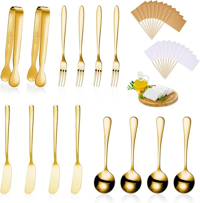 Patelai Cheese Butter Spreader Knives Set Charcuterie Accessories Stainless Steel Spreader Knives Charcuterie Boards Utensils Mini Serving Tongs Spoons and Forks for Appetizers Pastry(Golden)