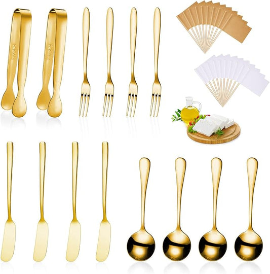 Patelai Cheese Butter Spreader Knives Set Charcuterie Accessories Stainless Steel Spreader Knives Charcuterie Boards Utensils Mini Serving Tongs Spoons and Forks for Appetizers Pastry(Golden)
