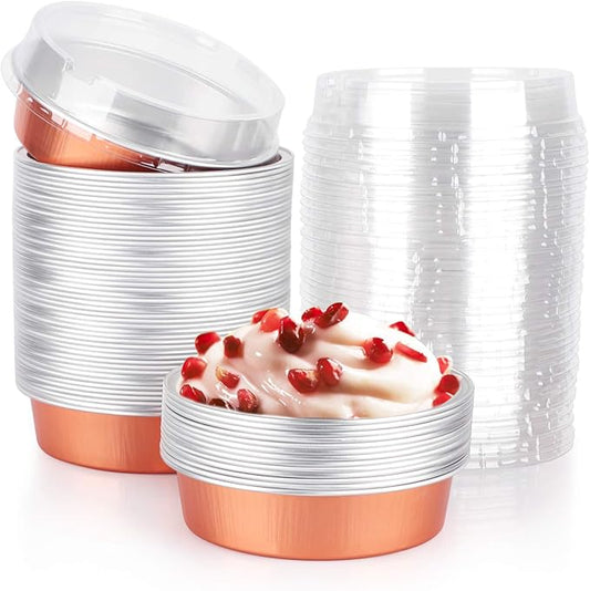 Beasea Mini Tart Pans, 8 Oz 50 Pack Disposable Pie Tins with Lids, 4 Inch Rose Gold Aluminum Pie Pan Cartoon Tin Tart Pans Round Oven Baking Mini Cake Pan for Pie Tart Quiche