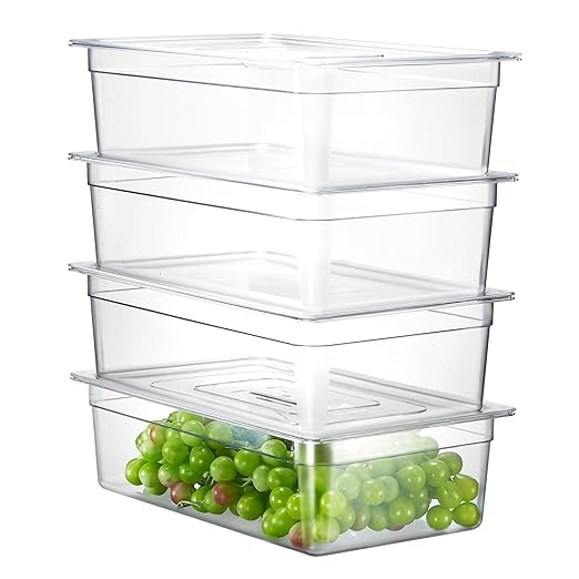 CURTA 4-Pack Full Size 6" Deep NSF Polycarbonate Food Pans with Handled Lids & Drain Trays | Dishwasher & Freezer Safe Clear Container for Prep Tables, Buffet, Salad Bar, Commercial Kitchen