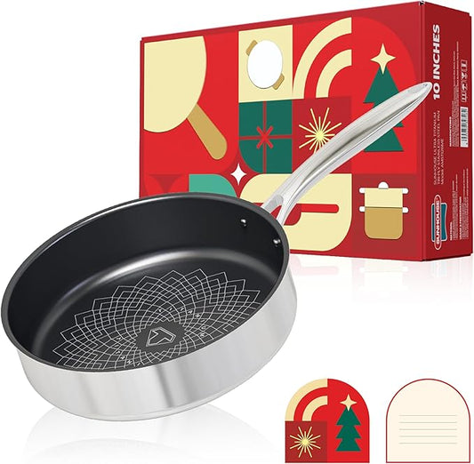 Sunhouse Titanium-Coated Tri-Ply Stainless Steel Pan, 10 inch frying pan, Non-Toxic, PFAS PFOA & PTFE Free, Oven Safe, Compatible with All Cooktops, Perfect Gifts for Mom or Dad, Premium gift box
