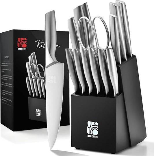 Premium Quality 14-Piece Knife Set with Block, Professional Chef Knife Set - Ultra-Sharp Kitchen Knives with Ergonomic Wood Handle, Ideal for Home, Outdoor, Camping, BBQ, and Gifts for Men