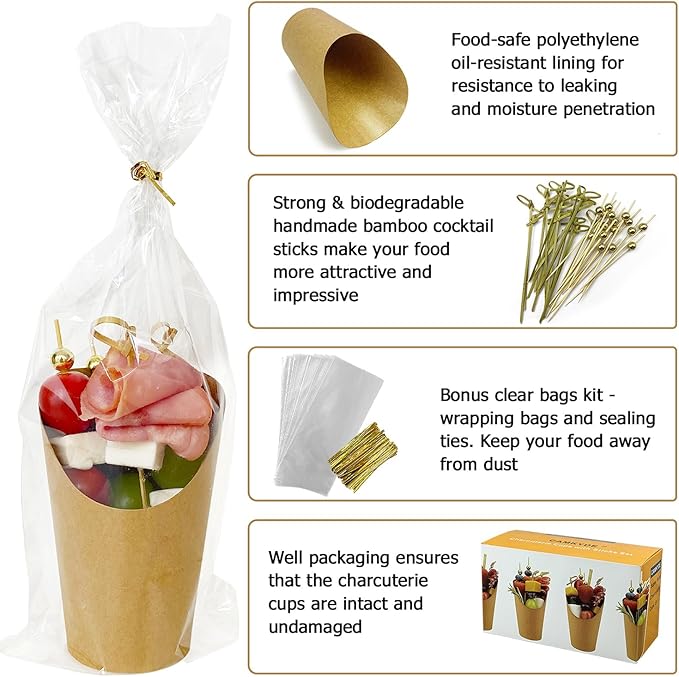 CAMKYDE 50 Sets Disposable Charcuterie Cups with Sticks and Bags, 12 oz Brown Kraft Paper Snack Appetizers Cup French Fry Holder with Cocktail Picks Toothpicks (50 Cups+50 Bags+200 Sticks)