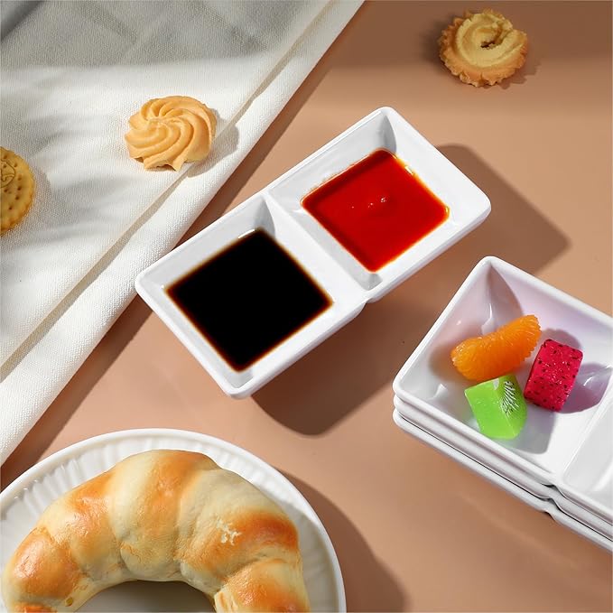 12 Pcs Dual Dipping Sauce Bowls Soy Sauce Dish Bowls Two Compartments Party Trays Divided Fondue Plates for Restaurant Kitchen Sushi Soy (White)