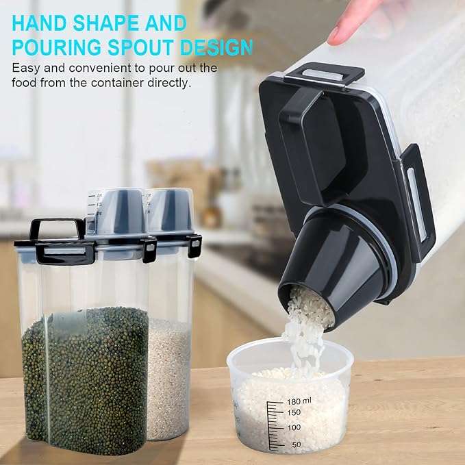 Rice Airtight Dry Food Storage Containers, BPA Free Plastic Storage Bin Dispenser with Pourable Spout, Measuring cup for Cereal, Flour and Baking Supplies, Include a Stainless Steel Whisk
