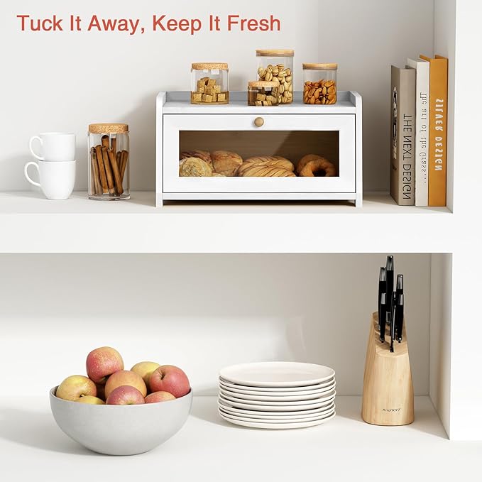 White Bread Box for Kitchen Countertop, Modern Counter Breadbox for Homemade Bread, Large Corner Bread Storage Container for Sourdough Loaf Organizers and Storage (White Bamboo Wood)