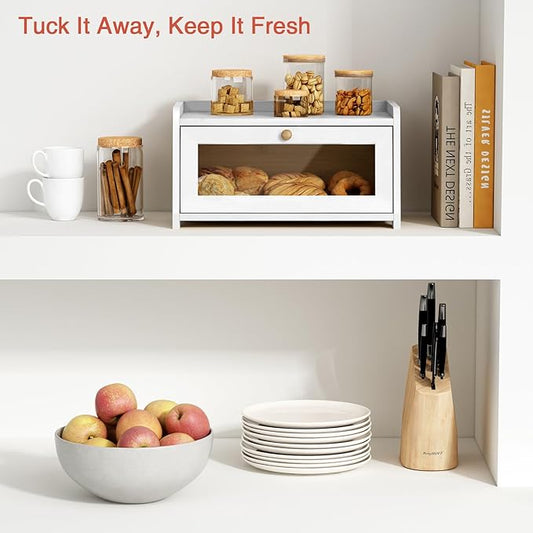 White Bread Box for Kitchen Countertop, Modern Counter Breadbox for Homemade Bread, Large Corner Bread Storage Container for Sourdough Loaf Organizers and Storage (White Bamboo Wood)