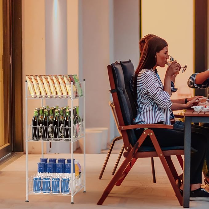 Water Bottle Organizer 3 Tier Vertical Bottled Water Holder Freestanding Metal Drink Storage Shelf Beverage Can Rack, Kitchen Pantry Tumbler Cup Organizer for Floor, Silver