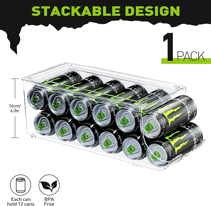 Soda Can Organizer for Refrigerator for Tall Cans of 16oz & 17oz, Stackable Beverage Cans Container Holder Dispenser with Lid for Fridge Pantry Rack Freezer (One Pack)
