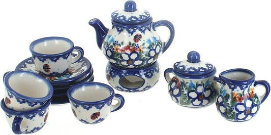 Blue Rose Polish Pottery - Red Scarlett Miniature Tea Set - 1 Set - Polish Pottery Collectible Tea Set with Teapot & Cups, Decorative Gift