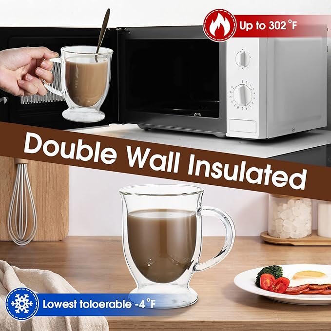 Gejoy 6 Sets Double Wall Glass Coffee Mugs with Spoon Insulated Clear Coffee Mug with Handle Borosilicate Glass Coffee Cups Latte Cup for Cappuccino, Tea, Latte, Espresso, Hot Beverage(12 OZ)