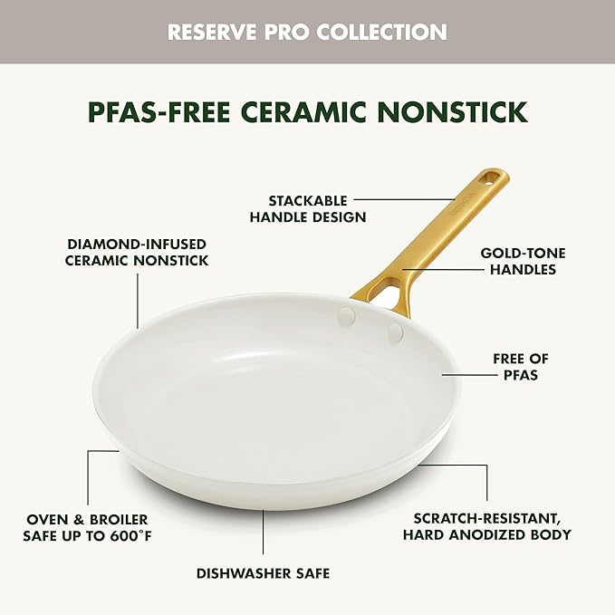 GreenPan Nonstick Reserve Pro 10 Piece Cookware Set, NSF Certified Ceramic, Hard Anodized PFAS-Free Pots & Pans Set with Lids, Stainless Steel Handles, Oven & Dishwasher Safe, Cream White