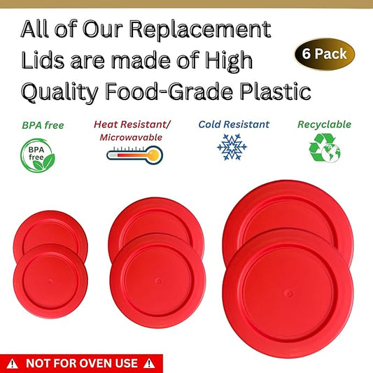 2, 4 & 7 Cup Red Replacement Lids/Covers for Pyrex, Anchor Hocking & KlareWare Storage Bowls *Lids Only Glass Container Not Included* (6 Pack *Two of Each Size*)