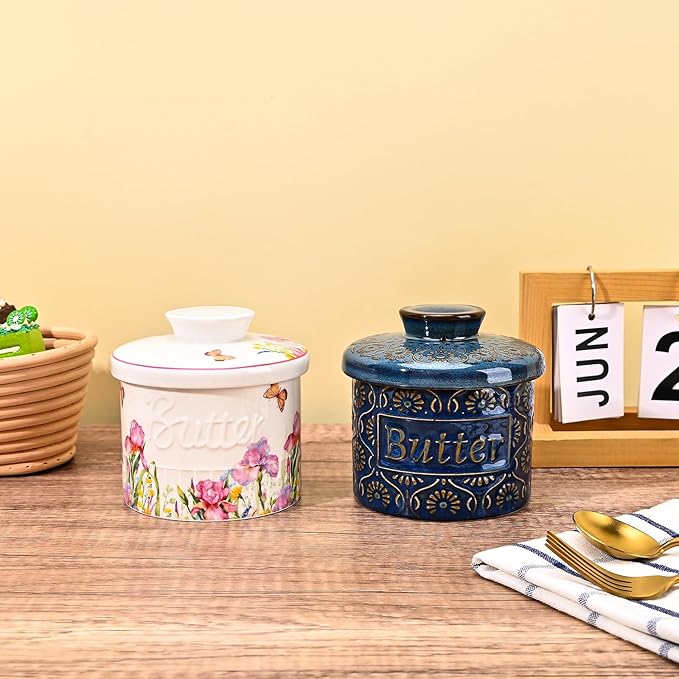 Ceramic Butter Crock With Water Line, Keeper for Counter, French Dish With Lid for Spreadable Fresh Butter (Spring Pink)