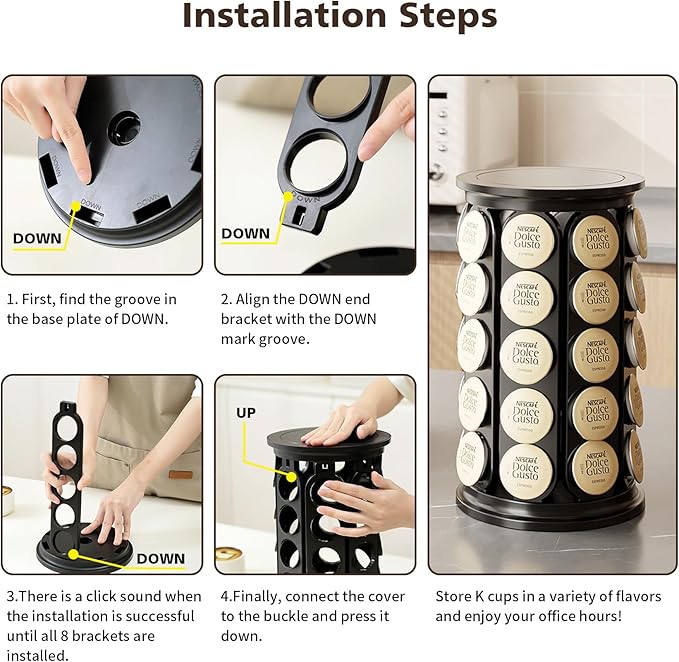 Coffee Pod Carousel Compatible with K-Cup Pods, K Cup Holder Holds 40 Coffee Capsule, New Modern Design for Kitchen Office Countertop or Coffees Station Organizer, Detachable (Black)