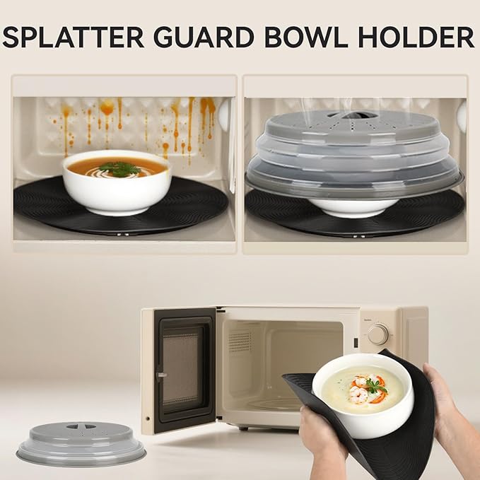 WENWELL 12" Microwave Splatter Cover & Mat,Large Vented Collapsible Splatter Guard dish Plate lid & Silicone Round Kitchen Mat for Food