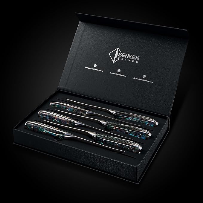 SENKEN 4-Piece Damascus Steak Knife Set, Non-Serrated Blades, Real Abalone Shell Handle, "Umi" Collection Japanese Straight-Edge Steak Knives, Japanese VG10 Steel 67-Layer Damascus