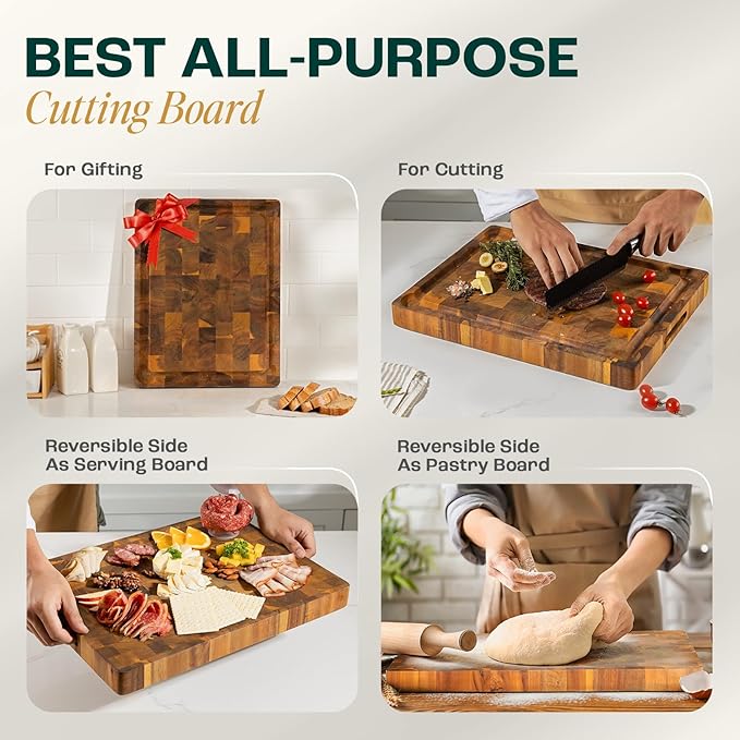 Yes4All Durable Acacia Wood Cutting Board for Kitchen, 24"x15"x1.5" Large End Grain Design, Pre-Oiled Thick Chopping Board with Juice Grooves and Easy Grip Handles, Ideal for Meal Prep and Serving