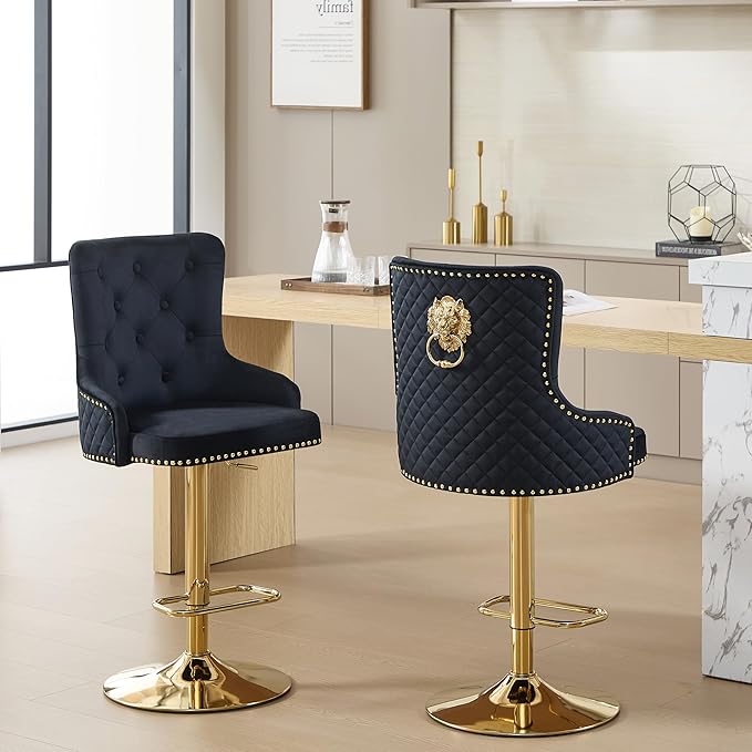 Velvet Gold Barstools Set of 2, Modern Counter Height Adjustable Swivel Stools Chairs with High Tufted Backrest Golden Base Lion Head Pull Ring Diamond Pattern Rivet Trim for Kitchen (Black)
